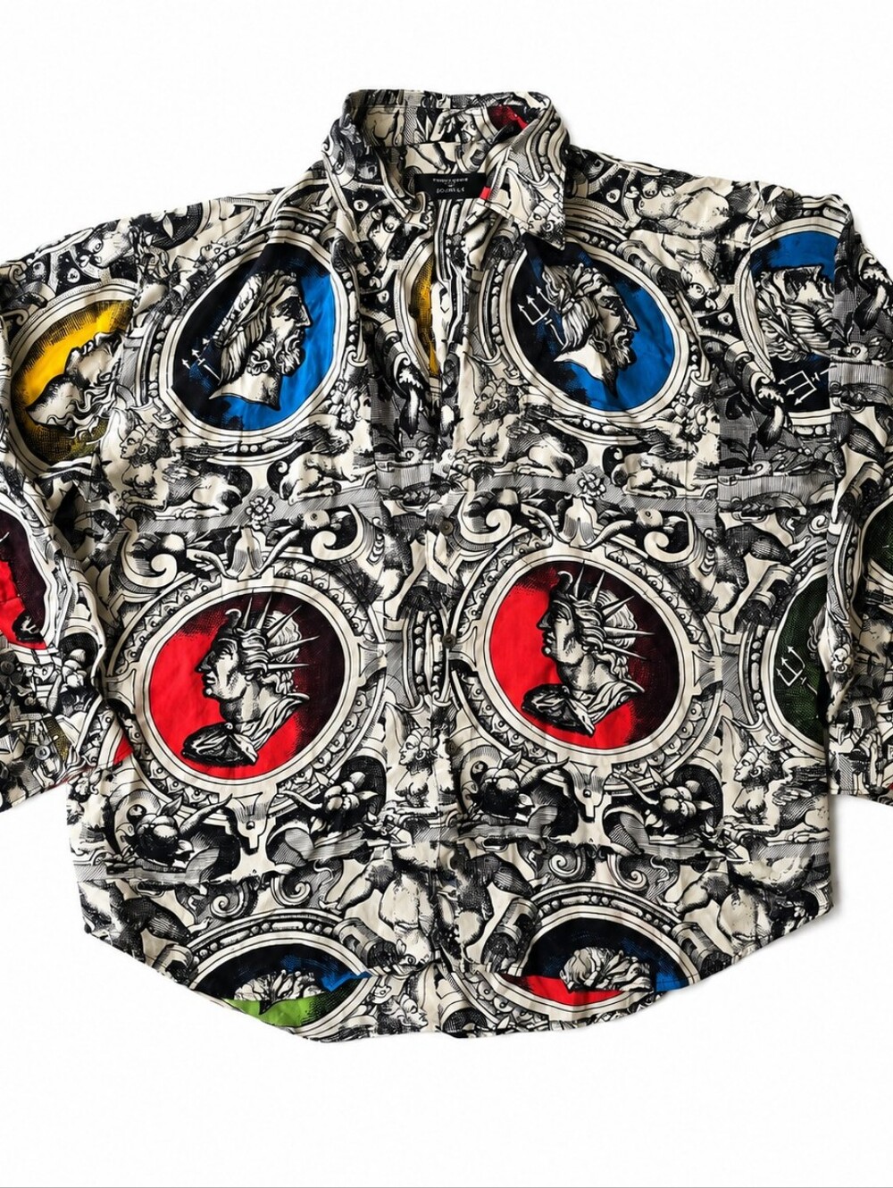 Vintage 90s Timney Fowler for Go Silk Neoclassical Printed Silk Shirt